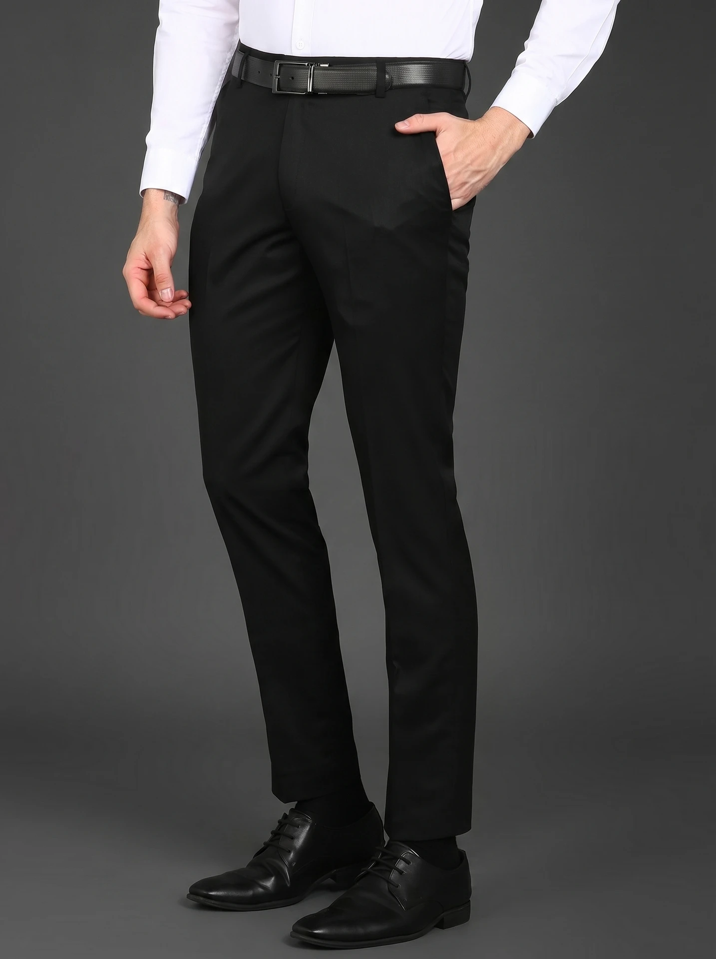 The Revenant men slim fit black Lycra blend trousers with stretchable fabric for office, formal, and casual wear