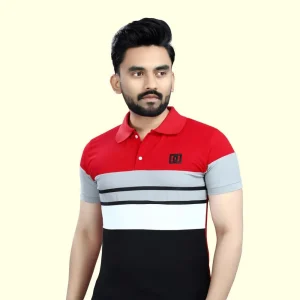 Dyrect Deals men's red color block polo neck polycotton T-shirt with stylish casual design for everyday wear