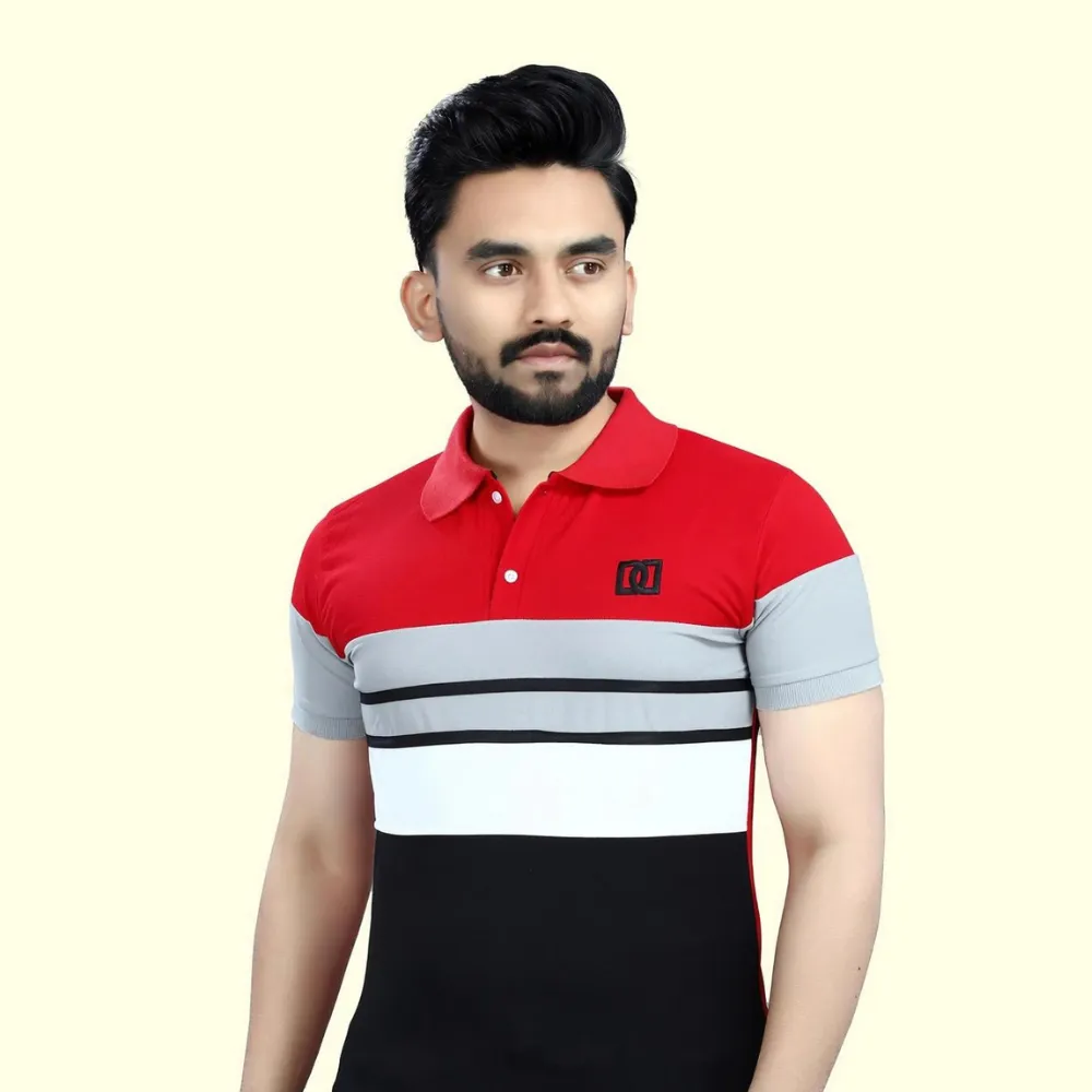 Dyrect Deals men's red color block polo neck polycotton T-shirt with stylish casual design for everyday wear