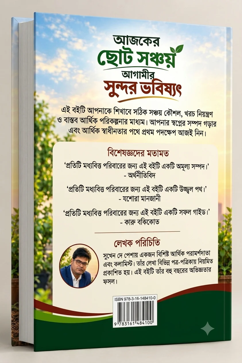 আজকের ছোট সঞ্চয় বাংলা ইবুকের প্রচ্ছদ, যেখানে ছোট সঞ্চয়, খরচ নিয়ন্ত্রণ ও ভবিষ্যতের আর্থিক পরিকল্পনা নিয়ে লেখক সুখেন দে-কে দেখা যাচ্ছে।