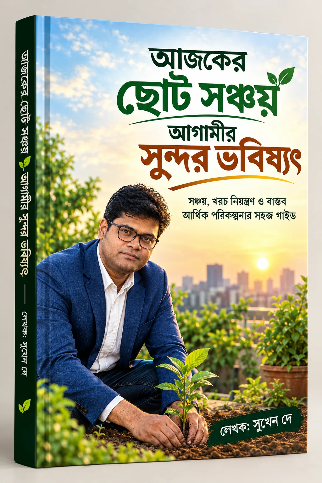 আজকের ছোট সঞ্চয় বাংলা ইবুকের প্রচ্ছদ, যেখানে ছোট সঞ্চয়, খরচ নিয়ন্ত্রণ ও ভবিষ্যতের আর্থিক পরিকল্পনা নিয়ে লেখক সুখেন দে-কে দেখা যাচ্ছে।